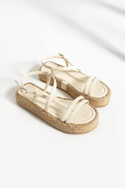 Mons Beige Matte Wicker Padding Base Double Band Belt Detail Women Sandals