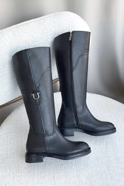 حذاء نسائي بمشبك نعل مسطح - جلد أسود