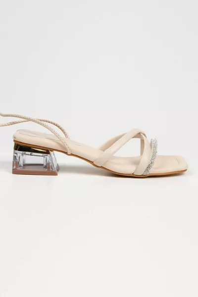 المرأة البيج الكاحل التعادل نمط أحذية السهرة الحجر الكعب