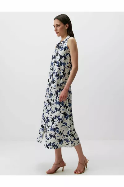Blue Loose Fit Floral Linen Midi Skirt