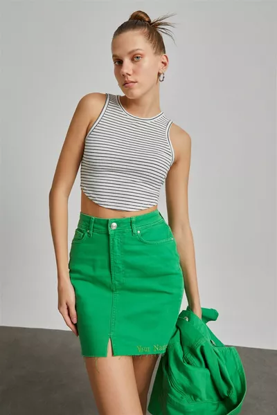 Women's Slit Detailed High Waist Green Mini Skirt