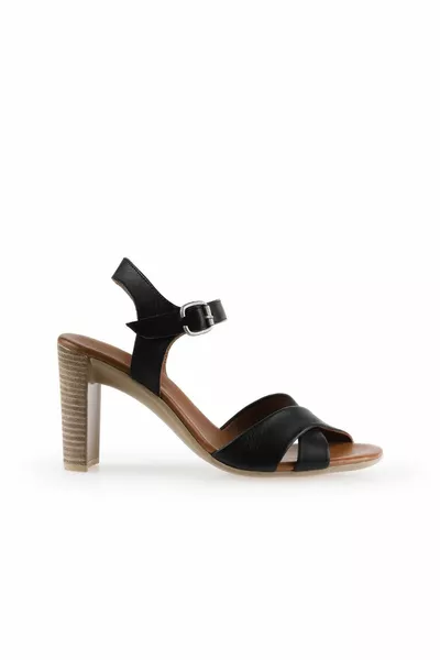 Черни Кхв-бежови Кожени Дамски Сандали на ток 