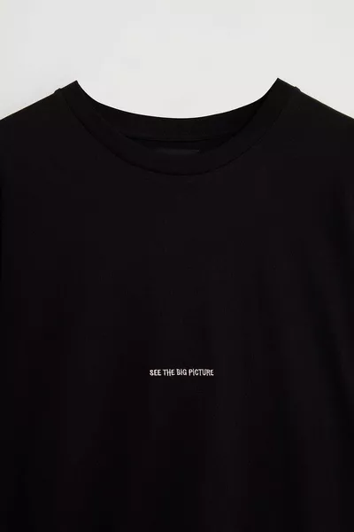 River Men's Embroidery Embroidered Oversize % Organic Cotton 3 Thread Knitted Black T-shirt