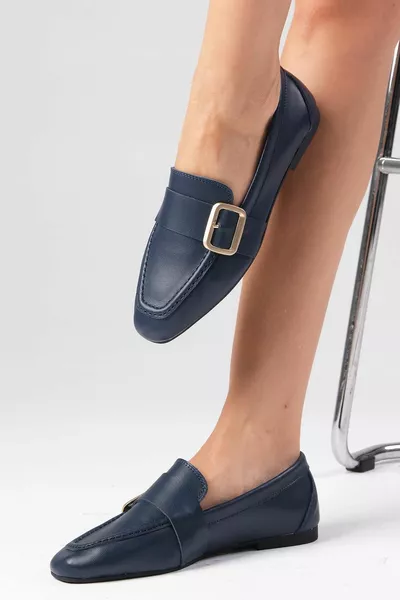 Martina Echtes Leder Marineblau Farbe Blunt Toe Damen Loafer Schuhe