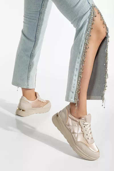 Parachute Material Thick Sole Tied Beige Women's Sneakers