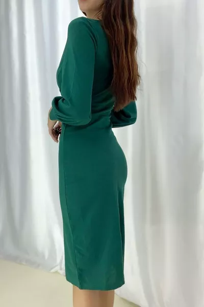 الزمرد الأخضر كريب النسيج كم طويل مزدوج الصدر طوق اللباس