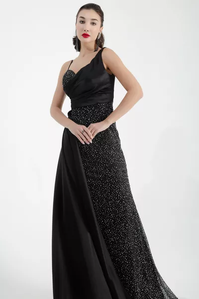 Women's Black Thin Strap Long Evening Dress with Stones