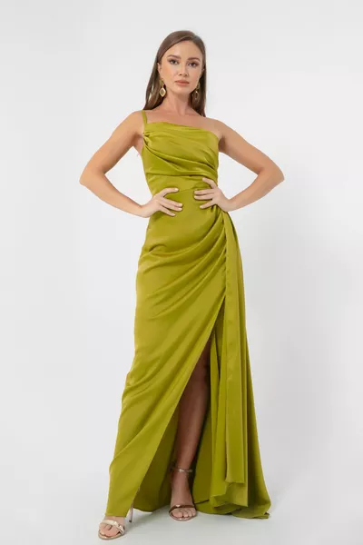 Kadın Yağ Yeşili Tek Omuzlu Saten Abiye & Mezuniyet Elbisesi