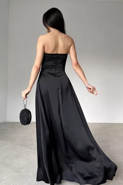 Жените сатен плат двойна пола форма без презрамки яка цепка подробни черни Макси вечерна рокля 