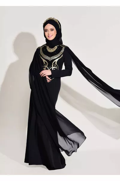 Abito da sera ricamato con paillettes nere da donna 