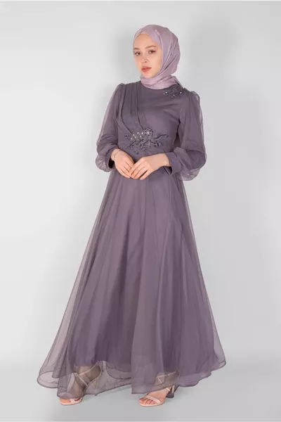 Abito da sera in tulle ricamato viola (lavanda) da donna 