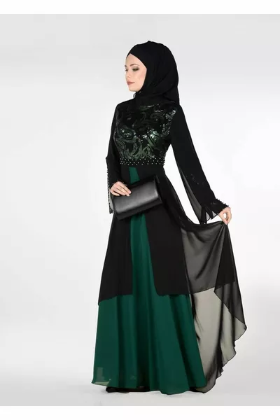 Abito da sera in tulle con paillettes nero (NERO-VERDE) da donna 