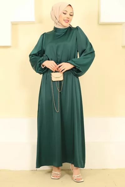 Изумрудено зелена доминираща яка балон ръкав Сатенени вечерни рокли