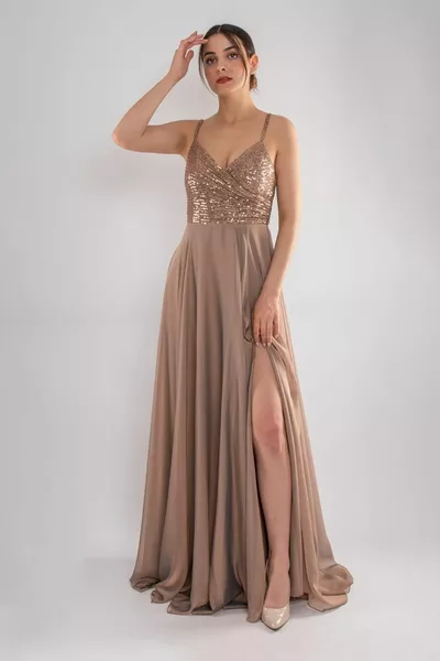  Въже каишка гърдите пайети бродирани кристал шифон дълго разкроен рокля