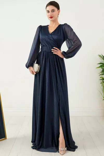 Double-breasted Neckline Long Sleeve Belted Glitter Dress 
