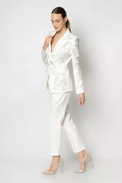 Double evening dress with crepe pants with stone glued jacket