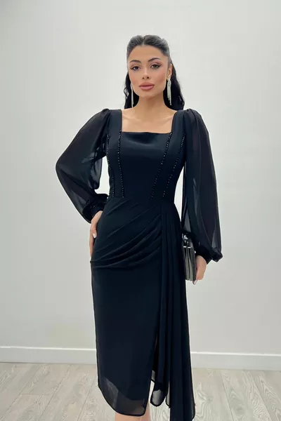 Atlas Fabric Bead Robe crayon à manches en mousseline de soie détaillée - NOIR