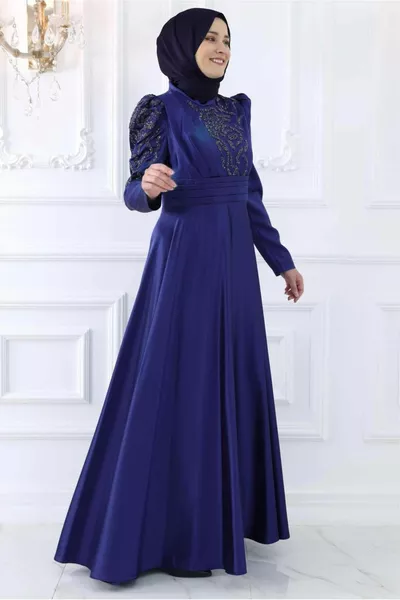 WOMEN'S NAVY BLUE STONE DETAILED EVENING DRESS T 