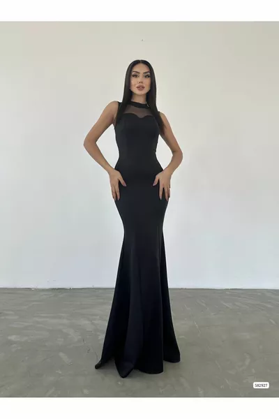 Kadın Siyah Göğüs Payetli Tül File Detaylı Şeritli Maxi Boy Balık Model Uzun Abiye Elbise