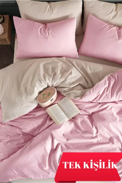 Set di Biancheria da Letto Singolo | Con Lenzuolo con Angoli | In Cotone | Beige Cipria