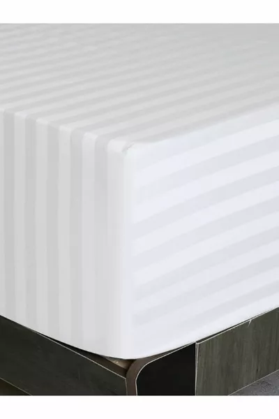 Платинена серия памучен сатен с ластик чаршаф комплект на райета за двойно легло, бял/цветен, тип хотел с възглавници