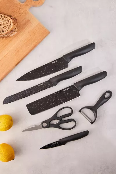Black Stone 6-Piece Knife Set with Cleaver, Scissors, and Peeler