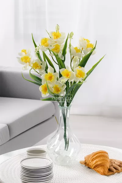 Изкуствен букет нарциси с мокра текстура, бял, cm