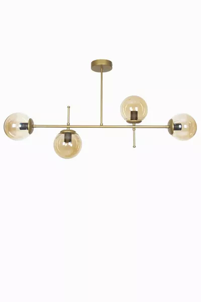 طاولة طعام سقفية بلون ذهبي بتصميم فخم حديث مع زجاج عسلي - ثريا 4 مصابيح للصالون