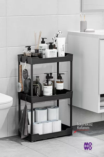 Mowo 3-laags zwart badkamerrek op wielen, keukenrek, handdoekenrek, wasmiddelhouder, make-up organizer Vesken