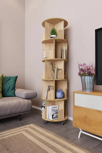 ° Mdflam Dekoratif Döner Kitaplık- 5 Katlı/ Raflı - Meşe