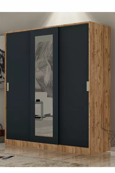 Anthracite Gray GM Sline 3-Door Sliding Wardrobe with Hangers and Shelves in Atlantic Pine