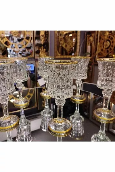 Комплект от 6 кристални чаши за вода с краче и златен кант за кафе