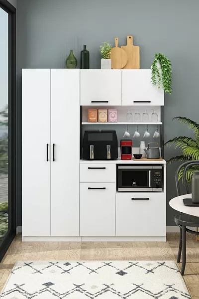 ثلاجة المطبخ متعددة الأغراض إرفين 4 مستويات رفوف تيبا بيضاء مع جهاز Airfry، خزانة بها 4 أرفف وزاوية قهوة