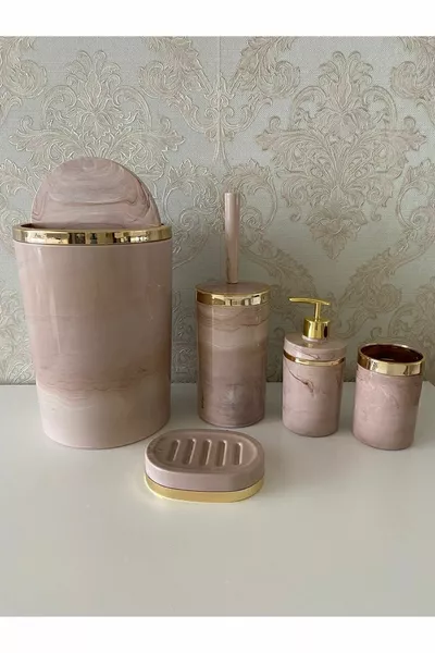 Marmerpatroon Badkamer Set / Toiletborstelhouder, Vloeibare & Stevige Zeepdispenser, Prullenbak, Tandenborstelhouder