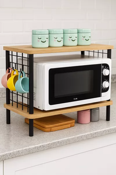 رف ميكروويف، رف علوي للمطبخ هادئ، رف للتوابل، منظّم ذو رفين مع خطاف، مع هدية