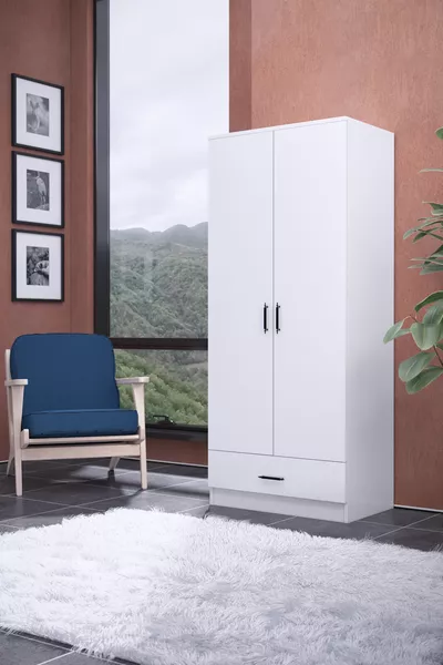 2-Door 1-Drawer Wide Wardrobe (Closet-Dresser-Pantry) / White