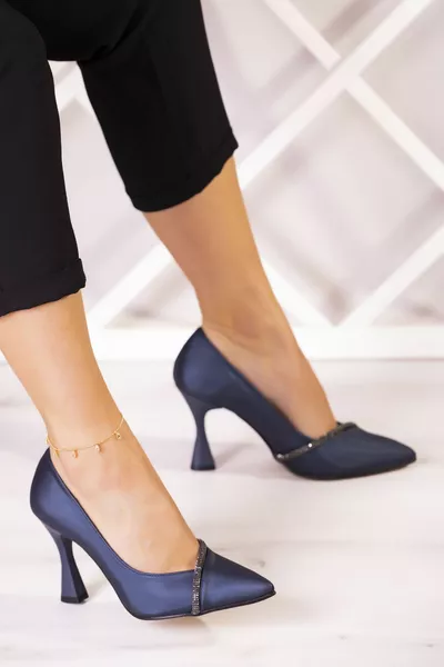 Roland Navy Satin Goblet Heeled Stiletto 9 cm.