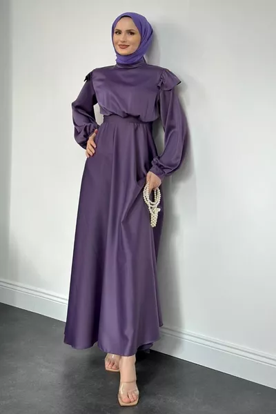 Cera Shoulder Ruffle Satin Evening Dress Lilac