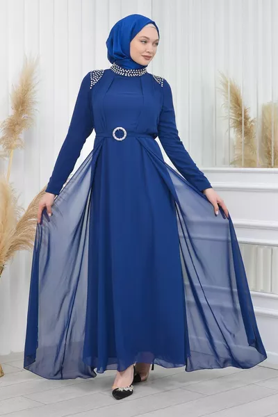 فستان سهرة شيفون بحزام مع أحجار على الكتفين - Mihrimah Model