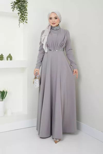 فستان سهرة مفصل مطوي بالترتر  رمادي