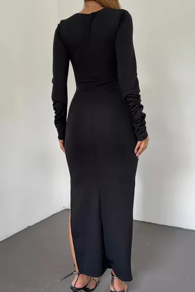 Flexibles Tauchergewebe Zweireihiges Doppelreihiges Kragen Schlitz Detail Langärmeliges Schwarzes Abendkleid aus Stoff 