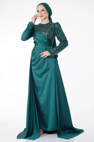 Gerades Abendkleid mit Rundhalsausschnitt für Damen mit grünen Pailletten und hinterem Schwanz - 