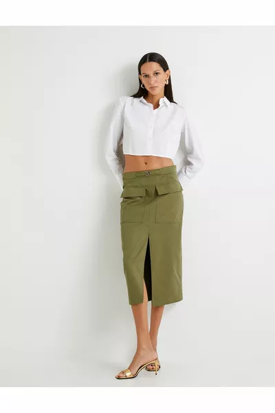 Midi Pencil Skirt Cargo Pocket Slit Belted