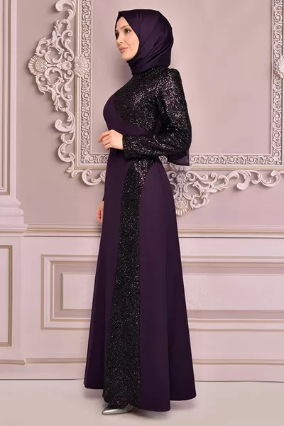 Robe de soirée hijab à sequins prune