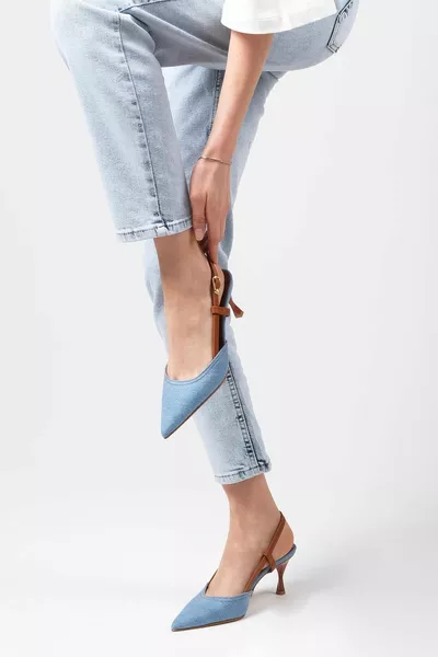 ألينا الدينيم النسيج أحذية الدنيم النسائية ذات الكعب المفتوح