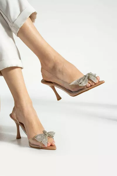 Tacchi alti 9cm trasparenti da donna con fiocco d'argento