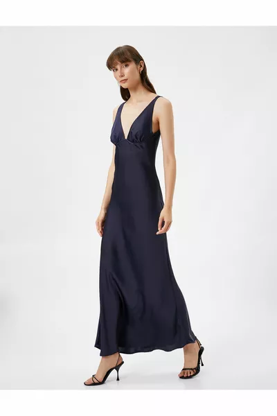 Satin Evening Dress Long Deep V-Neck Thick Straps