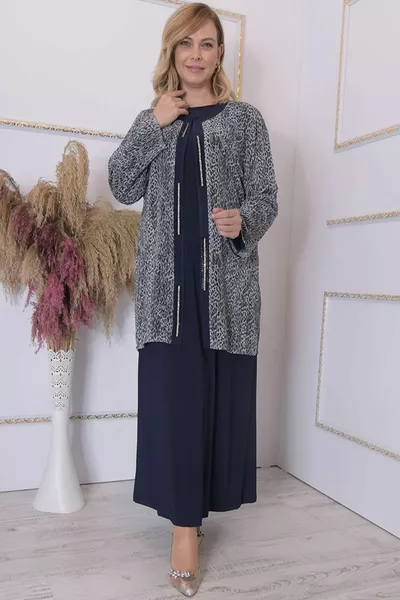 Leopar Ceketli Abiye Lacivert