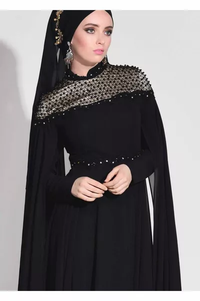 المرأة الأسود القاضي طوق مطرز مطرزة الشيفون مساء اللباس 