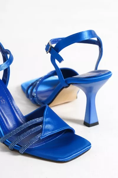 Blue Satin Women's Stone Evening Heels 